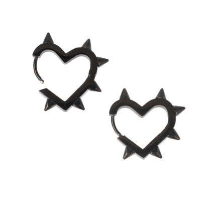 Heart Spike Huggie Hoop Earrings (Black)