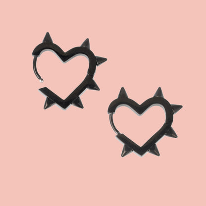 Heart Spike Huggie Hoop Earrings (Black)