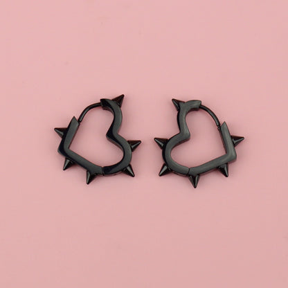 Heart Spike Huggie Hoop Earrings (Black)