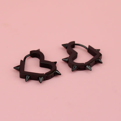 Heart Spike Huggie Hoop Earrings (Black)