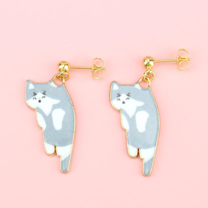 Grey & White Cat Stud Earrings (Gold Plated)
