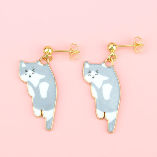 Grey & White Cat Stud Earrings (Gold Plated)
