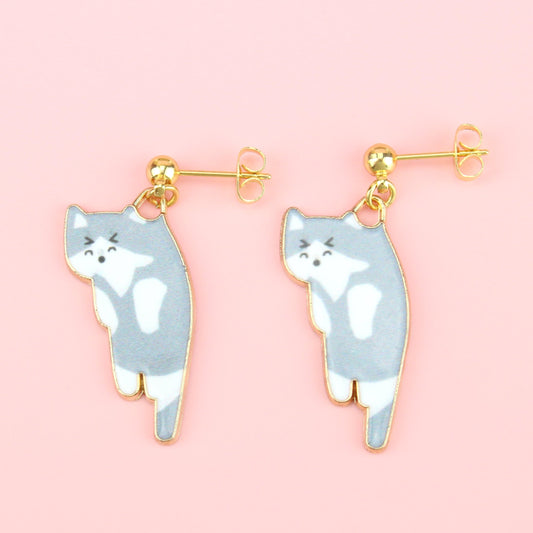 Grey & White Cat Stud Earrings (Gold Plated)