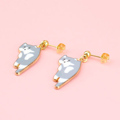 Grey & White Cat Stud Earrings (Gold Plated)