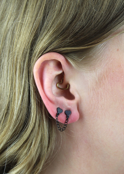 Heart Chain Double Stud Earrings (Black)