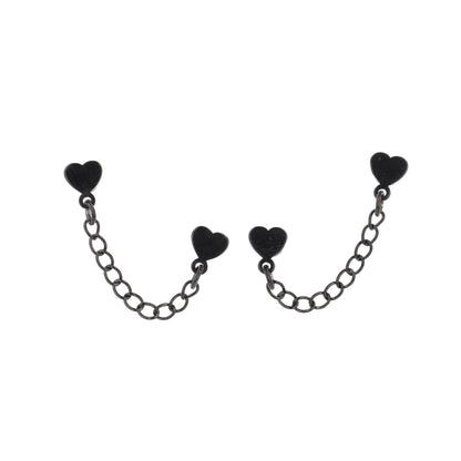 Heart Chain Double Stud Earrings (Black)