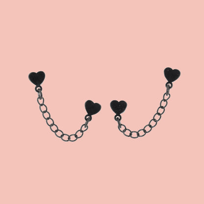 Heart Chain Double Stud Earrings (Black)