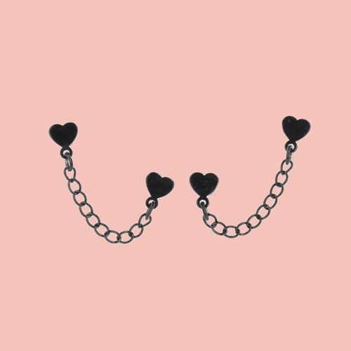 Heart Chain Double Stud Earrings (Black)