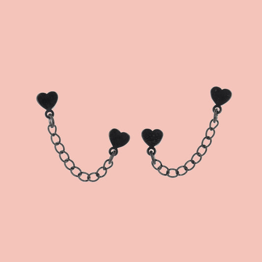 Heart Chain Double Stud Earrings (Black)