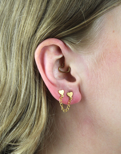 Heart Chain Double Stud Earrings (Gold Plated)