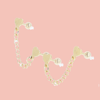 Heart Chain Double Stud Earrings (Gold Plated)